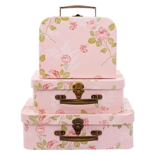Set of 3 Pink Floral Decorative Paperboard Suitcases - Pink Flowers - suitcase