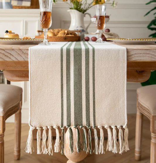 Green Striped Table Runner with Tassels - Kia Day Design