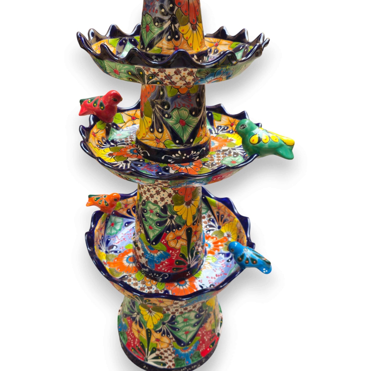 Blue Rim Tiered Talavera Fountain Handmade Mexican Art - - Talavera Fountain