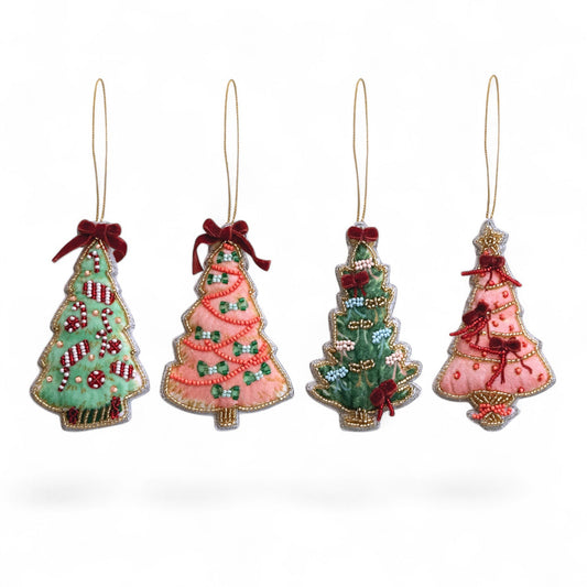 Handmade Beaded Christmas Tree Ornament with Velvet Bow - - Ornament