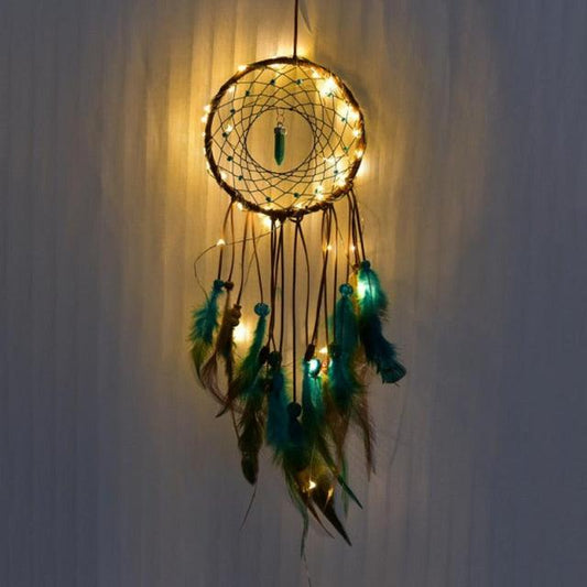 Handmade White Feather Dream Catcher Wind Chimes Hanging Ornaments Ceiling Decor Room Dream Net Hanging Craft Gift Car Ornament Ribbons Feathers Wrapped Lights For Bedroom Decor Wedding Decorations - With light 05 - STDEKS873MJ