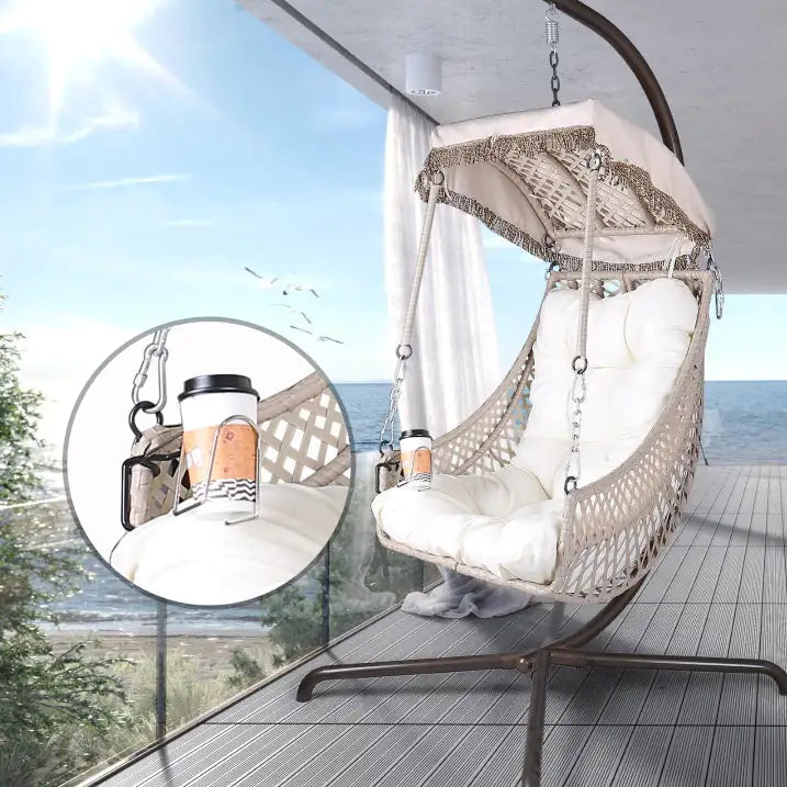 Indoor And Outdoor Swing Egg Chair With Stand, Beige UV Protection Cushion Hanging Chair With Cup Holder Kia Day Design