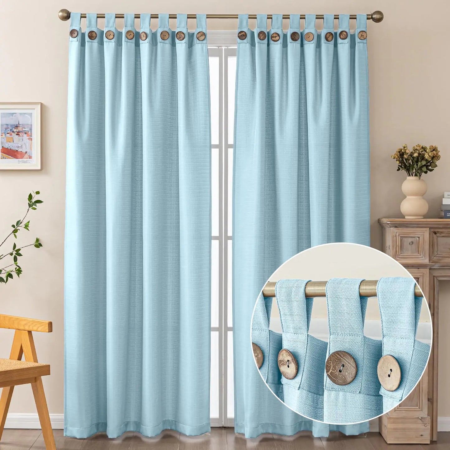 Pastel Blue Oxford Curtain 2 Panels Linen Blend Semi-Blackout Curtains with Coconut Buttons - Kia Day Design