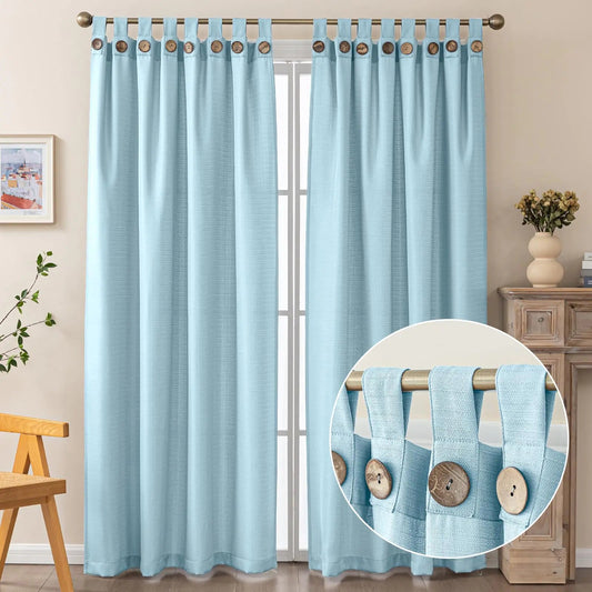 Pastel Blue Oxford Curtain 2 Panels Linen Blend Semi-Blackout Curtains with Coconut Buttons - Kia Day Design
