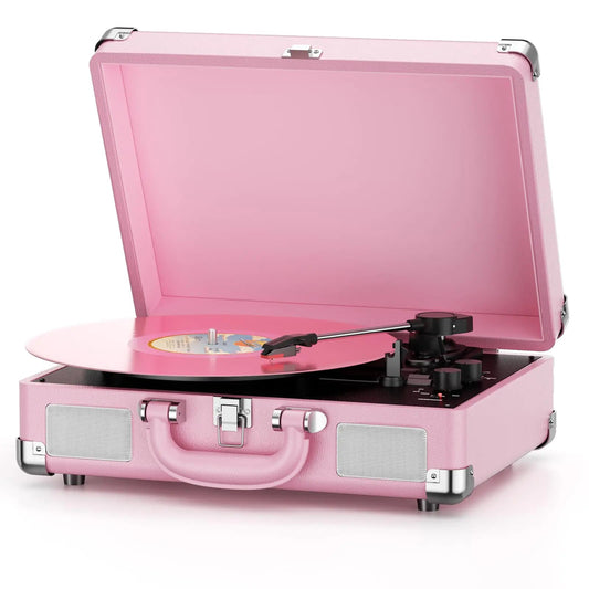 Pink Vinyl Bluetooth Record Player 3-Speed Portable Suitcase with Built-in Speakers - Kia Day Design
