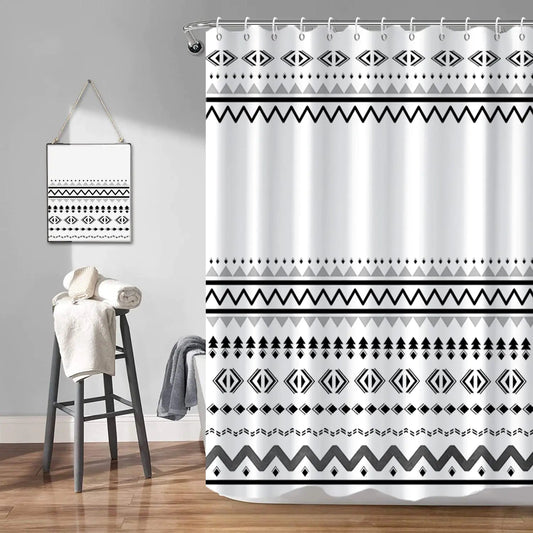 White & Black Geometric Wave Waterproof Polyester Shower Curtains with Hooks - Kia Day Design