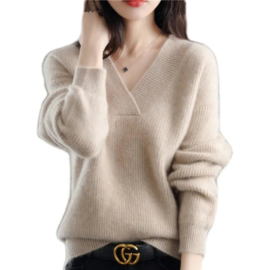 New Women's V Neck Loose Knitted Sweater - - sweater