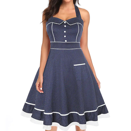 Womens Retro Polka Dot 50s Dress with Pleats - - dress