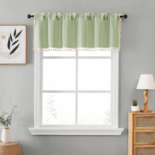 Sage Green Semi Sheer Linen Striped Valance with Tassel 1 Panel - Kia Day Design