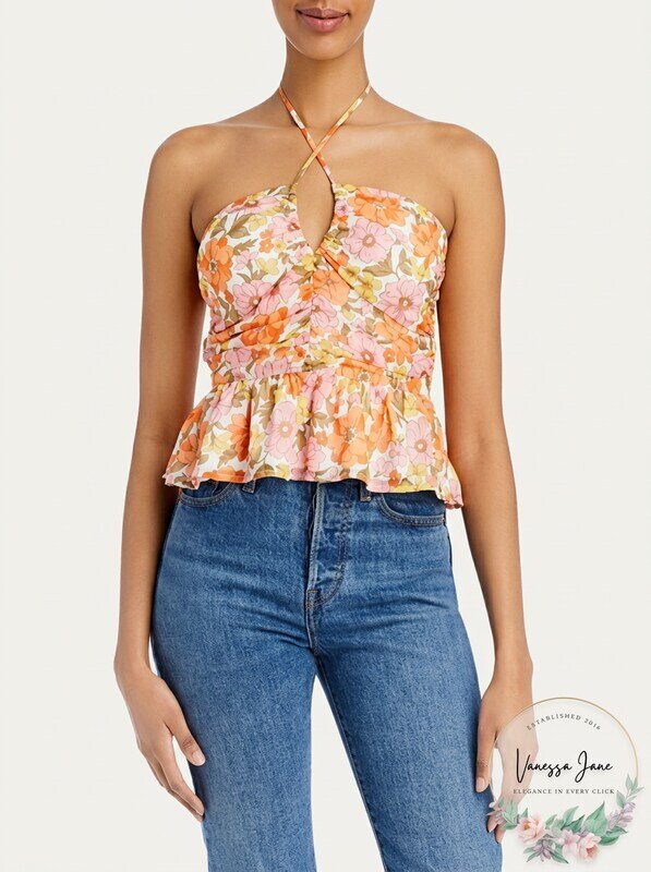 Aqua Retro Floral Halter Top, Size Medium - - New with tags