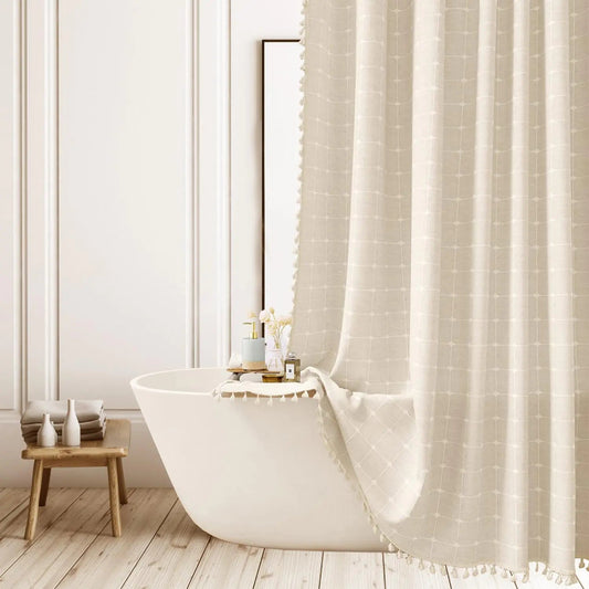 Beige Striped Polyester Linen Shower Curtain Heavy Duty Tassel 72x72 Inch - Kia Day Design