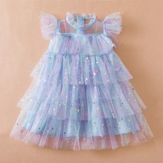 Children's Fairy Rainbow Sequin Princess Dress - Rainbow Blue 140cm - toddler dress