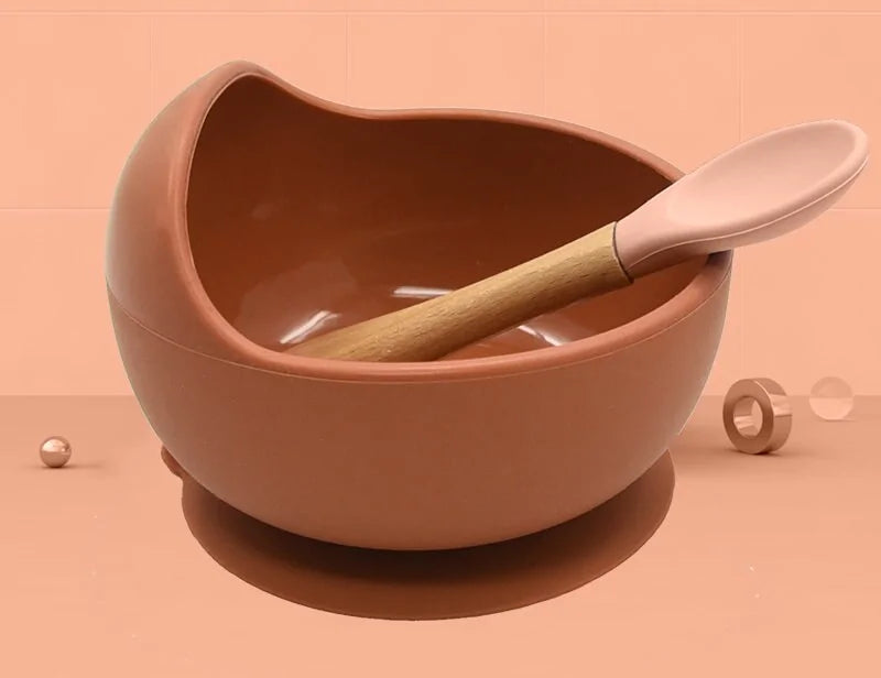 Baby Silicone Feeding Set with Wooden Handle Spoon Dark Brown