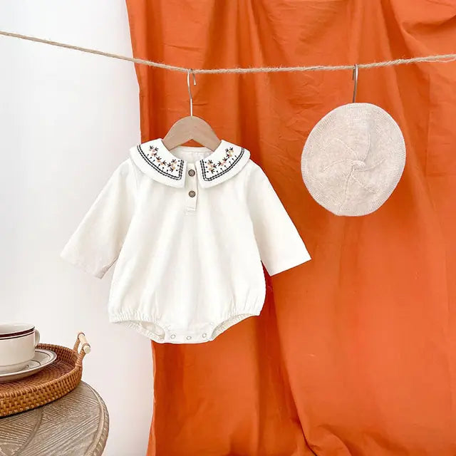 Long Sleeve Embroidered Baby Bodysuit White 3T