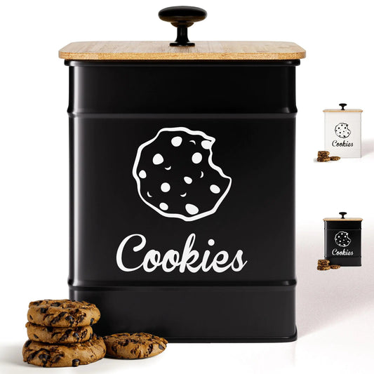 Large Black Iron Cookie Tin with Airtight Bamboo Lid - Kia Day Design