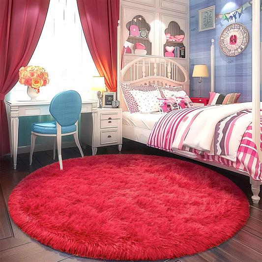 Red Round Shaggy Fluffy Rug 8FT Circular Rug - Kia Day Design