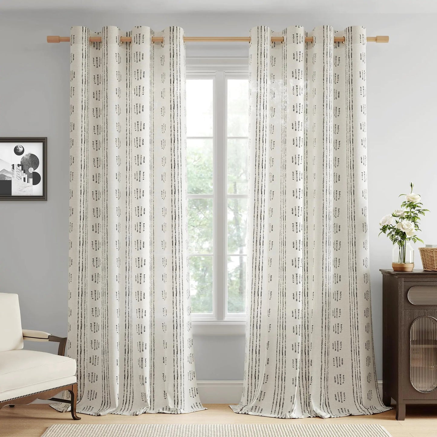 Black & Beige Striped Geometric 84-Inch-Long Linen Grommet Top Light Filtering Curtains 2 Panel - Kia Day Design