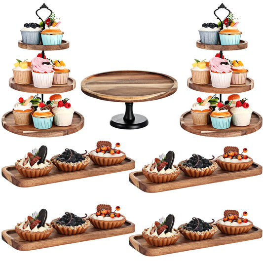 3-Tier Round Acacia Wood Cupcake Stand 7 Piece Set - - pastry displays