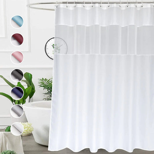 White Fabric Shower Curtain with Mesh Window Waterproof Shower Curtain with Weighted Bottom - Kia Day Design