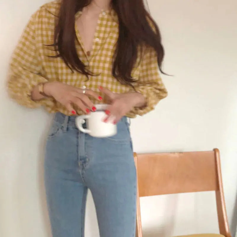 Loose Checkered Button-Up Long Sleeve Shirt - Kia Day Design