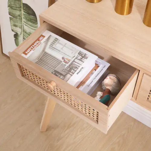 Wood Side Table with Two Rattan Drawers - Kia Day Design