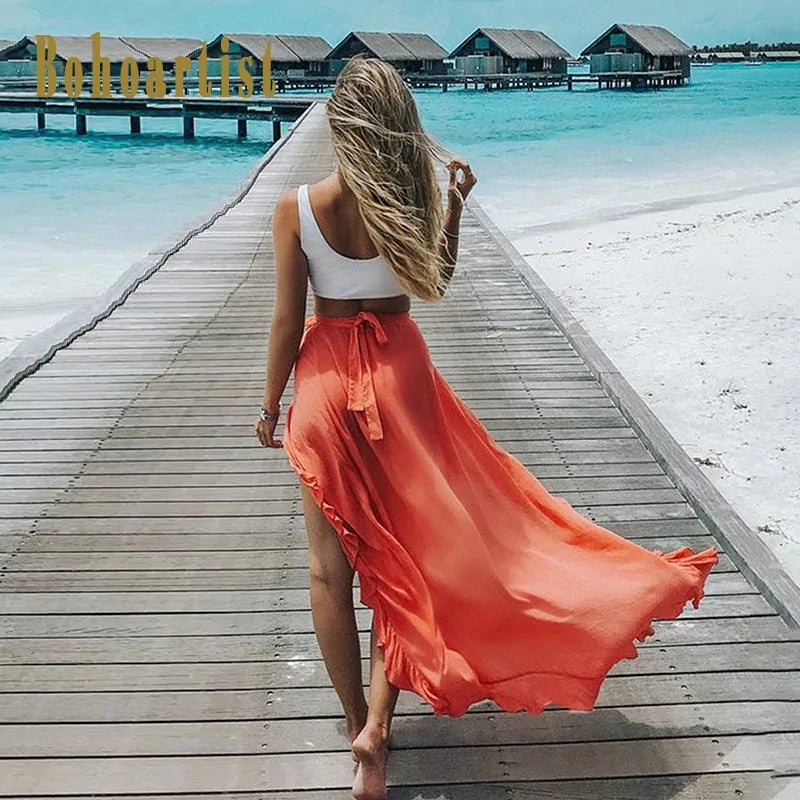 Lace Up Ankle Split Maxi Skirt - - skirt