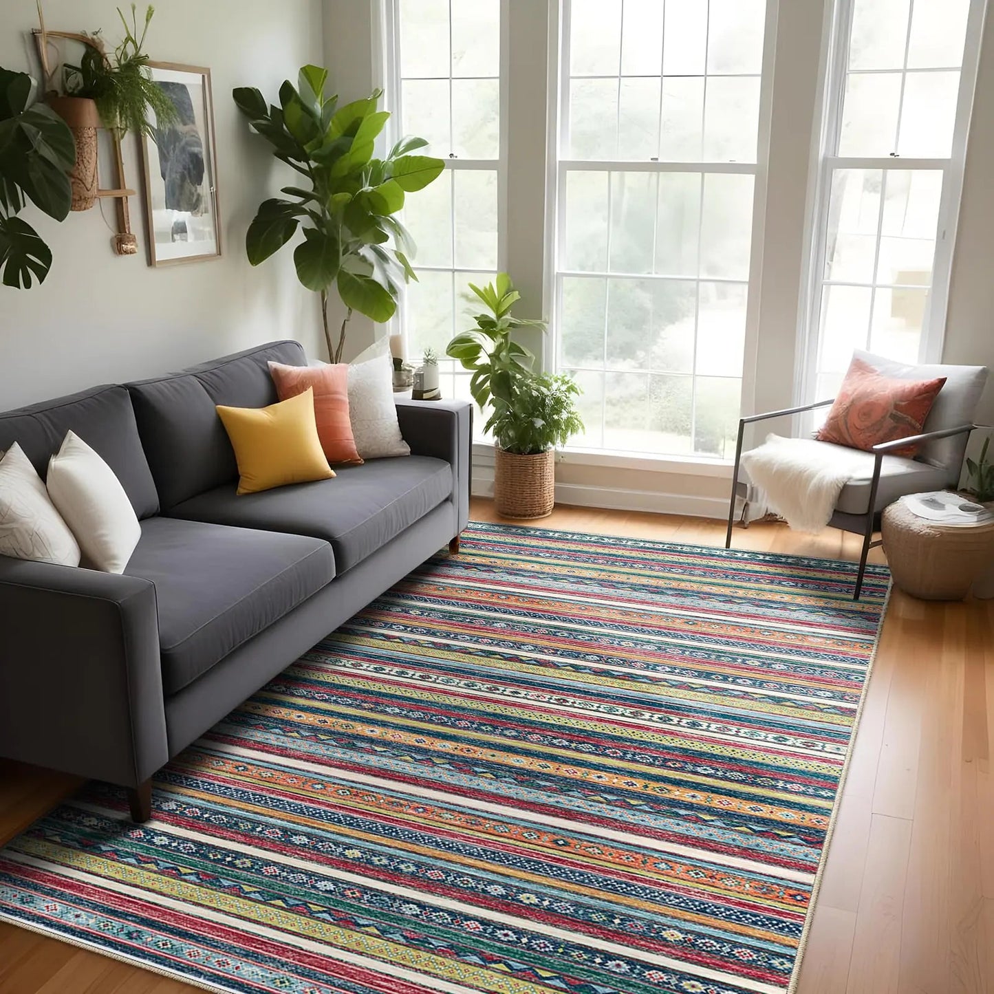 Striped Low Pile Washable Non Slip Rug - Kia Day Design