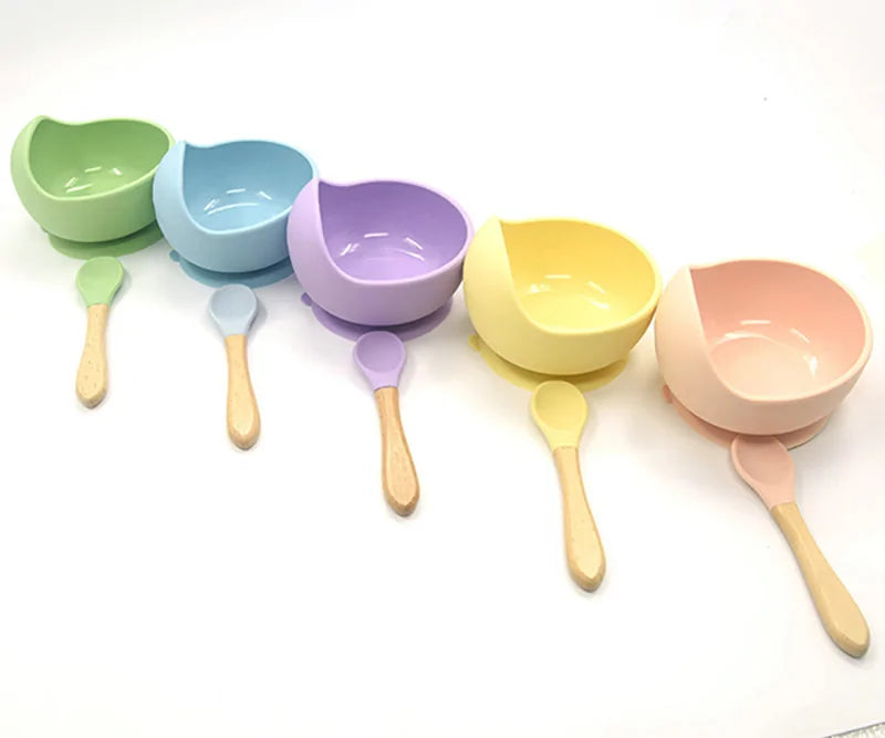 Baby Silicone Feeding Set with Wooden Handle Spoon