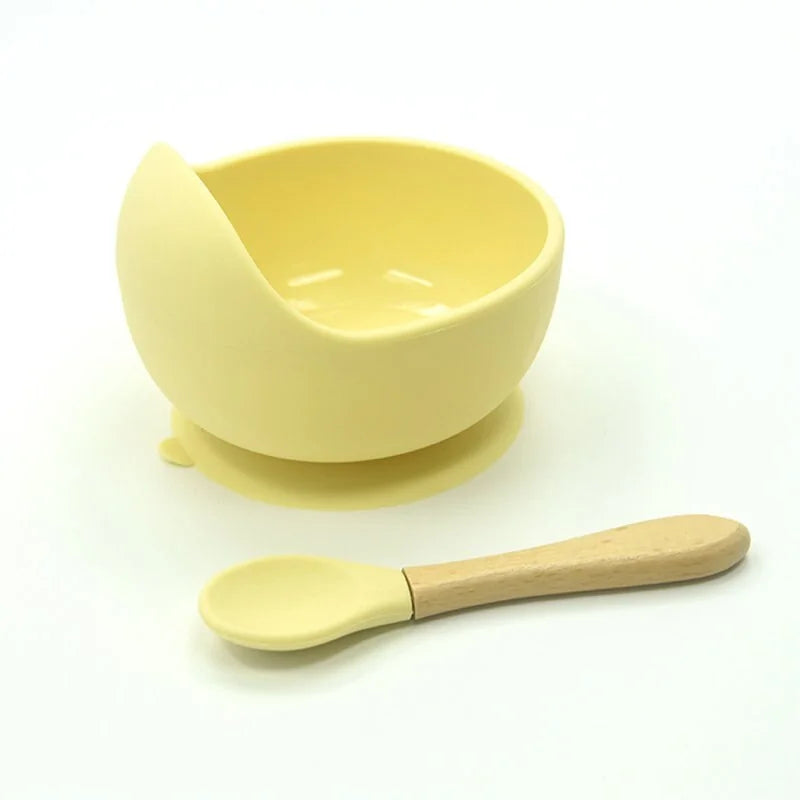 Baby Silicone Feeding Set with Wooden Handle Spoon yellow