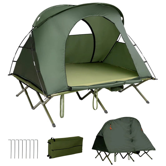 Tangkula 2-Person Tent Cot 4-in-1 Folding Tent with Waterproof Rainfly Self-Inflating Mattress & Roller Carrying Bag Portable Off Ground Elevated with Shoe Storage Pocket & Lamp Hook (Green) Kia Day Design