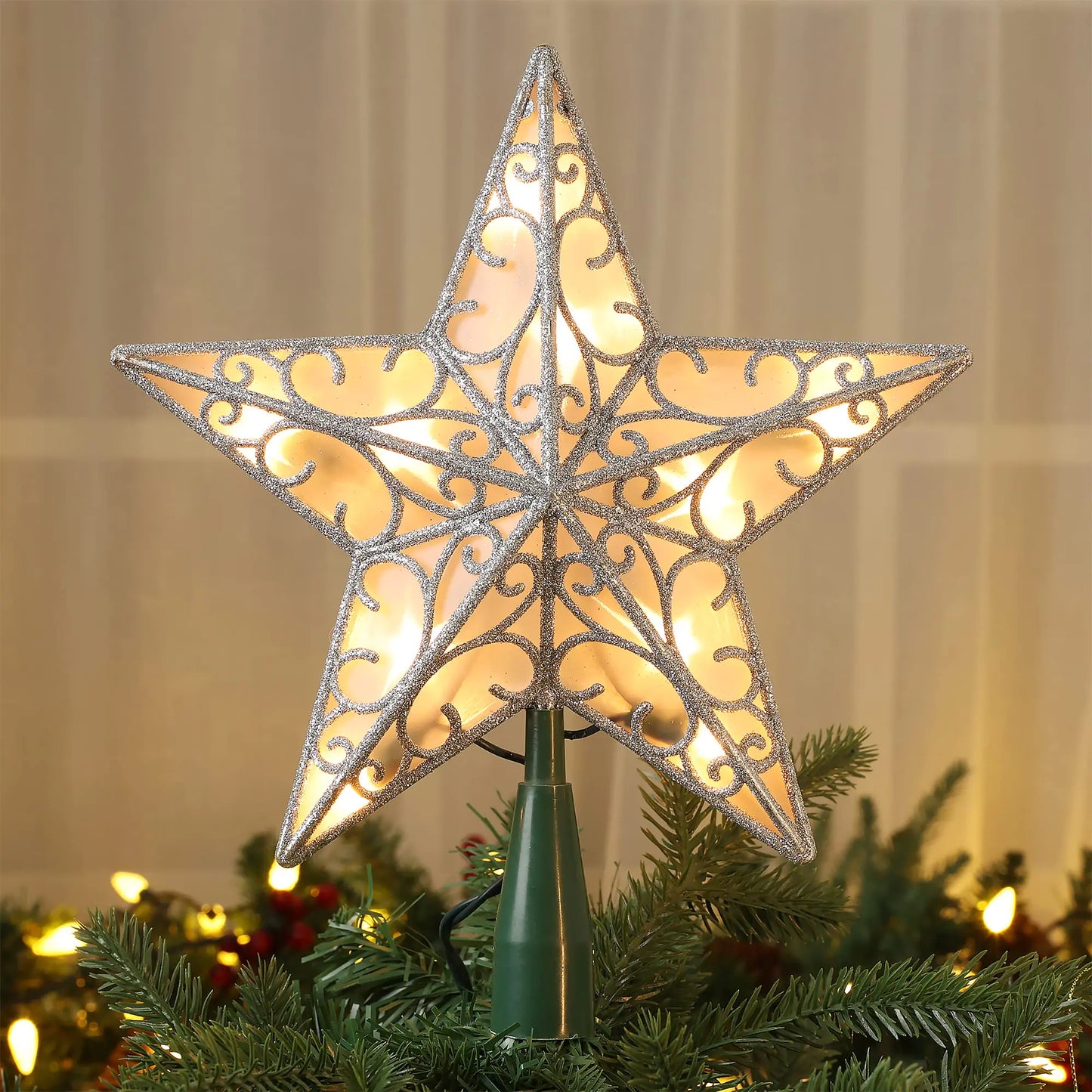 Brizled Christmas Glittered Silver Treetop Star - - ornament