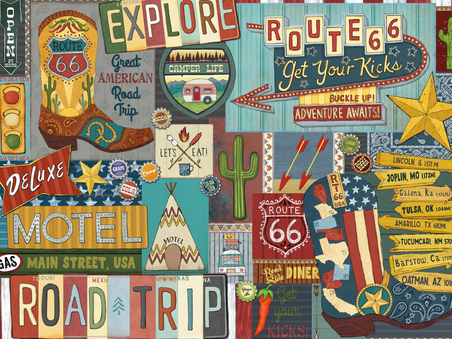 Ceaco - Land of The Free - Route 66 Road Trip - 500 Piece Jigsaw Puzzle - Kia Day Design