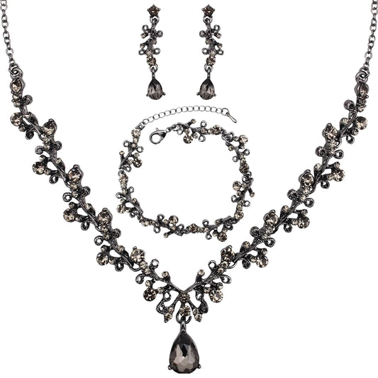 3Pcs Austrian Crystal Jewelry Set for Women Necklace Dangle Earrings Link Bracelet Jewelry Set with Gold/Platinum/Gun Plated Wedding Party Jewelry for Bridal Bridesmaid (Black Diamond-Jet)