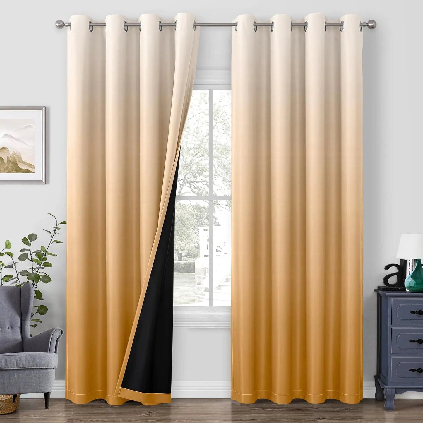 HOMEIDEAS 100% Gold Blackout Curtains for Bedroom Ombre Room Darkening Curtains for Living Room 52 X 84 Inches Long Grommet Gradient Drapes 2 Panels Kia Day Design