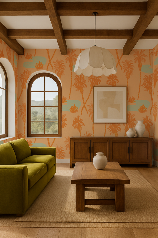 Palm Oasis Wallpaper Orange and Mint - - Wallpaper