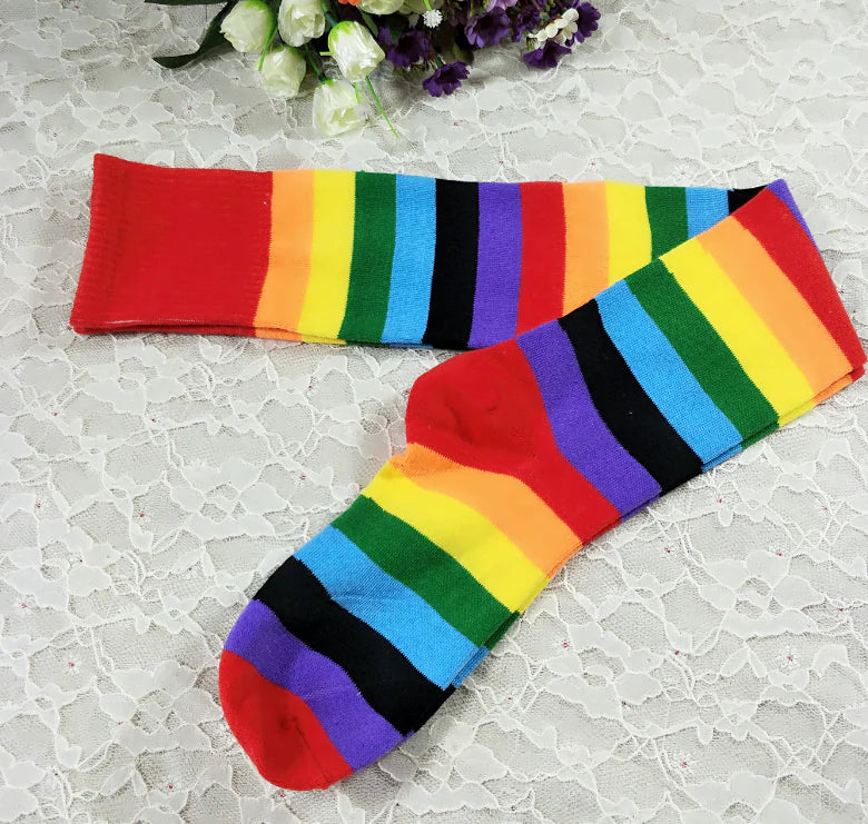 Rainbow Striped Over Knee Socks for Women - - socks