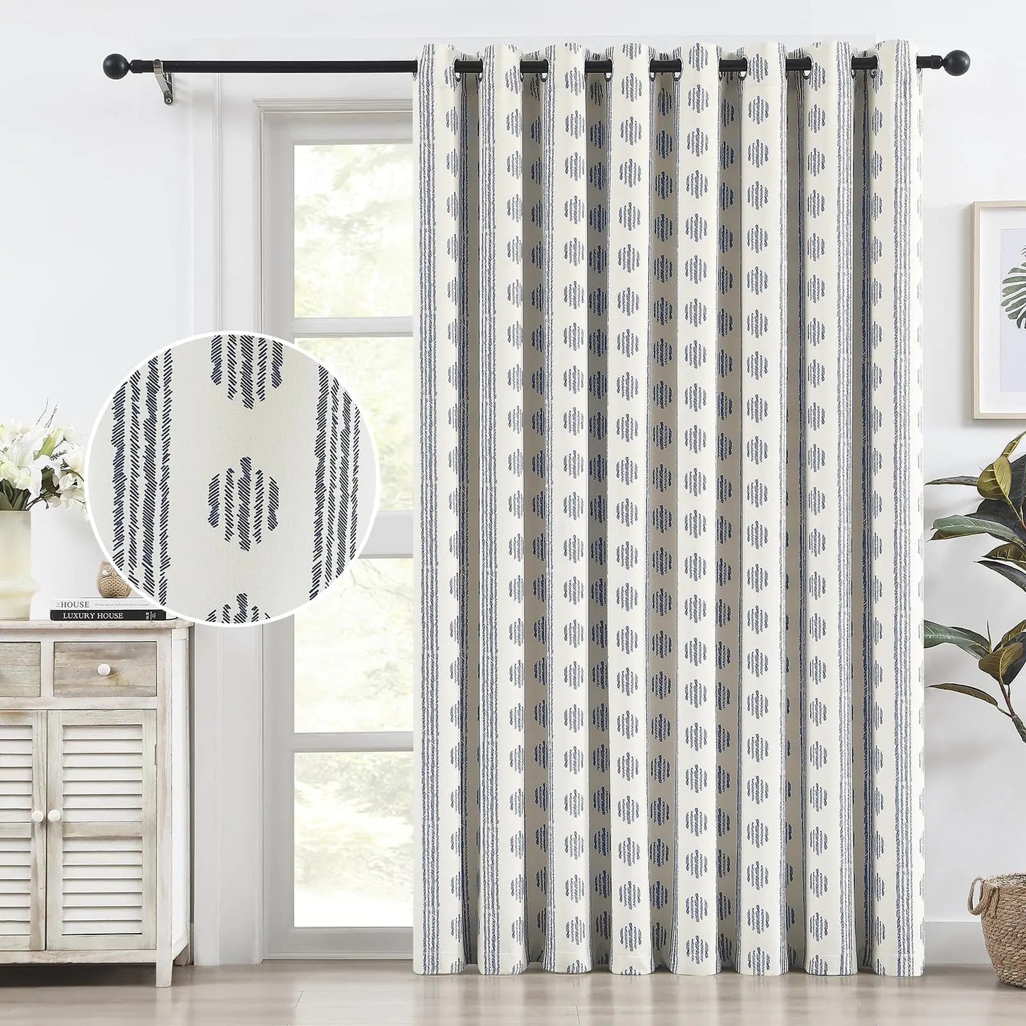 Blue and Beige Striped 84 Inch Long 1 Panel Extra Wide Cotton Grommet Blackout Curtain Thermal Insulated - Kia Day Design