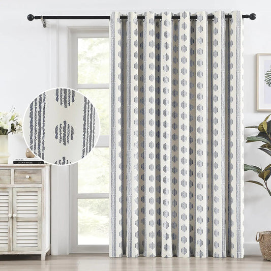 Blue and Beige Striped 84 Inch Long 1 Panel Extra Wide Cotton Grommet Blackout Curtain Thermal Insulated - Kia Day Design