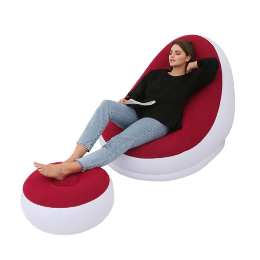 Thick Inflatable Lazy Chair with Footstool - Red Flocking Surface-Sofa 116x96x83cm - chair