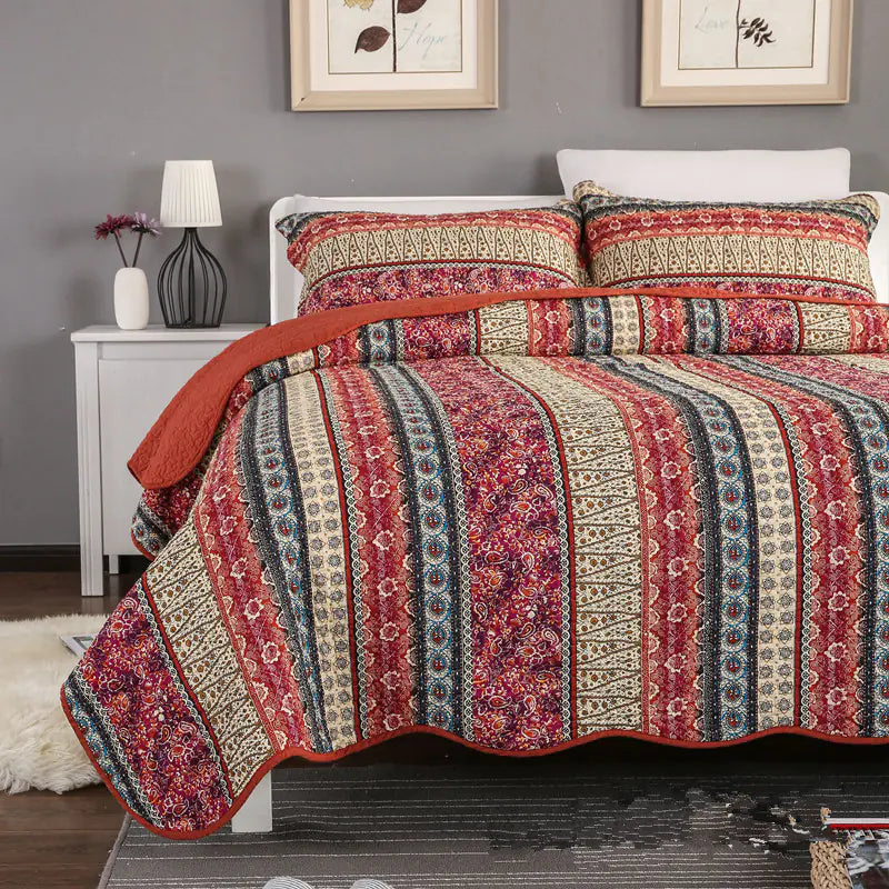 Red Cotton Linen Quilt Set with Bed Cover 3 Pc - Kia Day Design