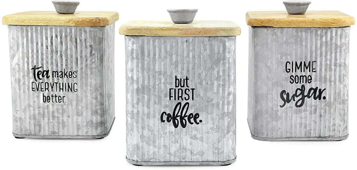 AuldHome Set of 3 Galvanized Iron and Wood Canisters - Silver - canisters