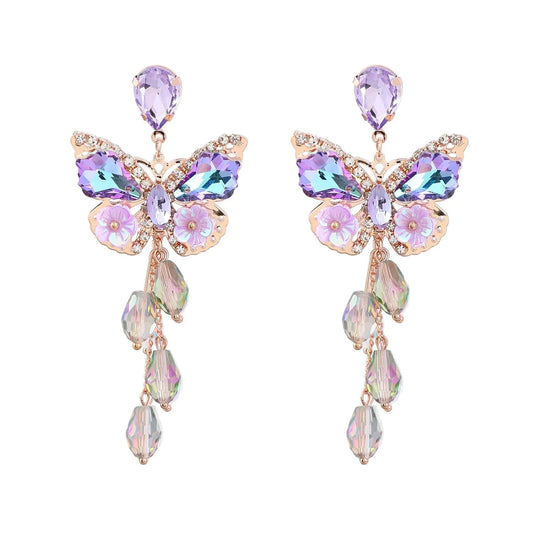 Purple Butterfly Tassel Style Zircon Earrings - - earrings
