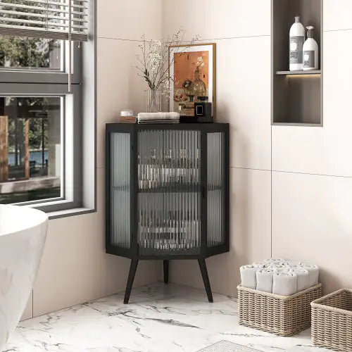 Floor Corner Cabinet with Tempered Glass Door and Storage Shelves - Kia Day Design