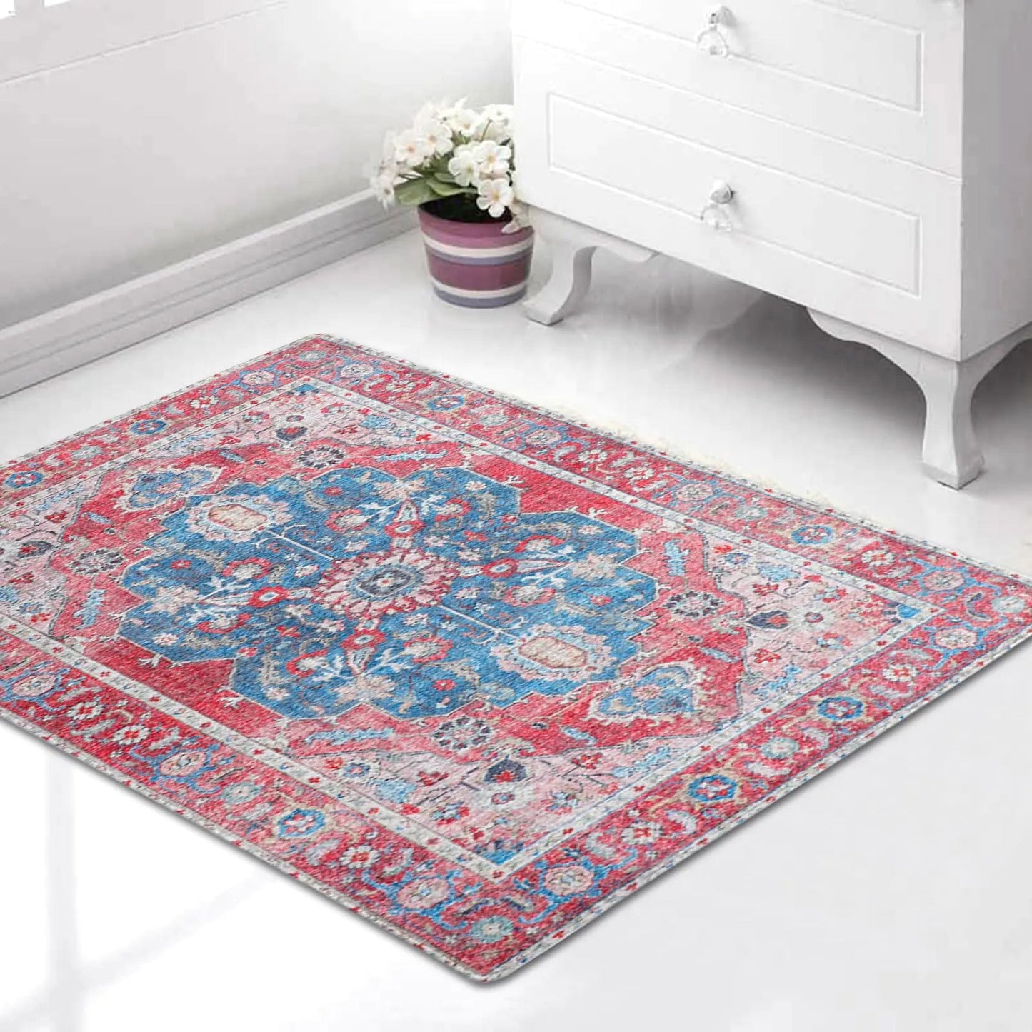 Red and Blue Non-Slip Printed Washable Low-Pile Rug - Kia Day Design