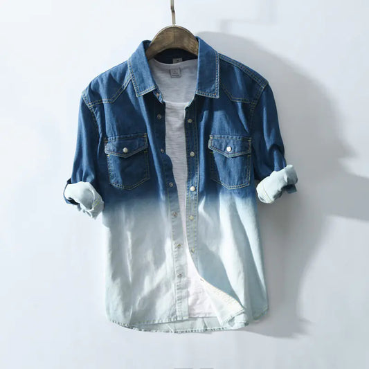 Men's Gradient Color Denim Shirt Jacket with Pockets - Kia Day Design