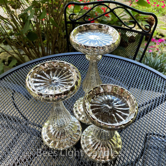 Set of 3 Mercury Glass Pillar Candle Holders - Set Without Pillars - Container Candles