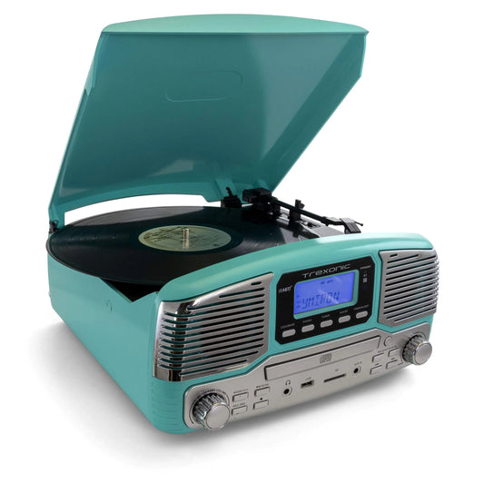 Turquoise Retro Record Player with Bluetooth CD Players and 3-Speed Turntable - Kia Day Design