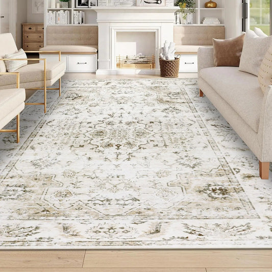 White & Green Floral Distressed Washable Non-Slip Area Rugs - Kia Day Design