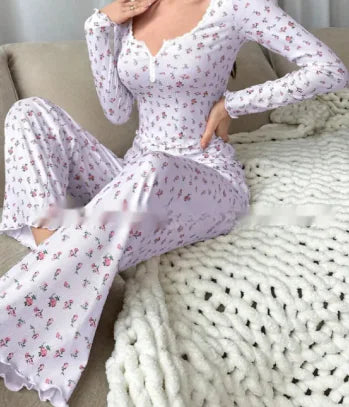 Floral Print Lettuce Edge Lace Collar Button Pajamas - Kia Day Design