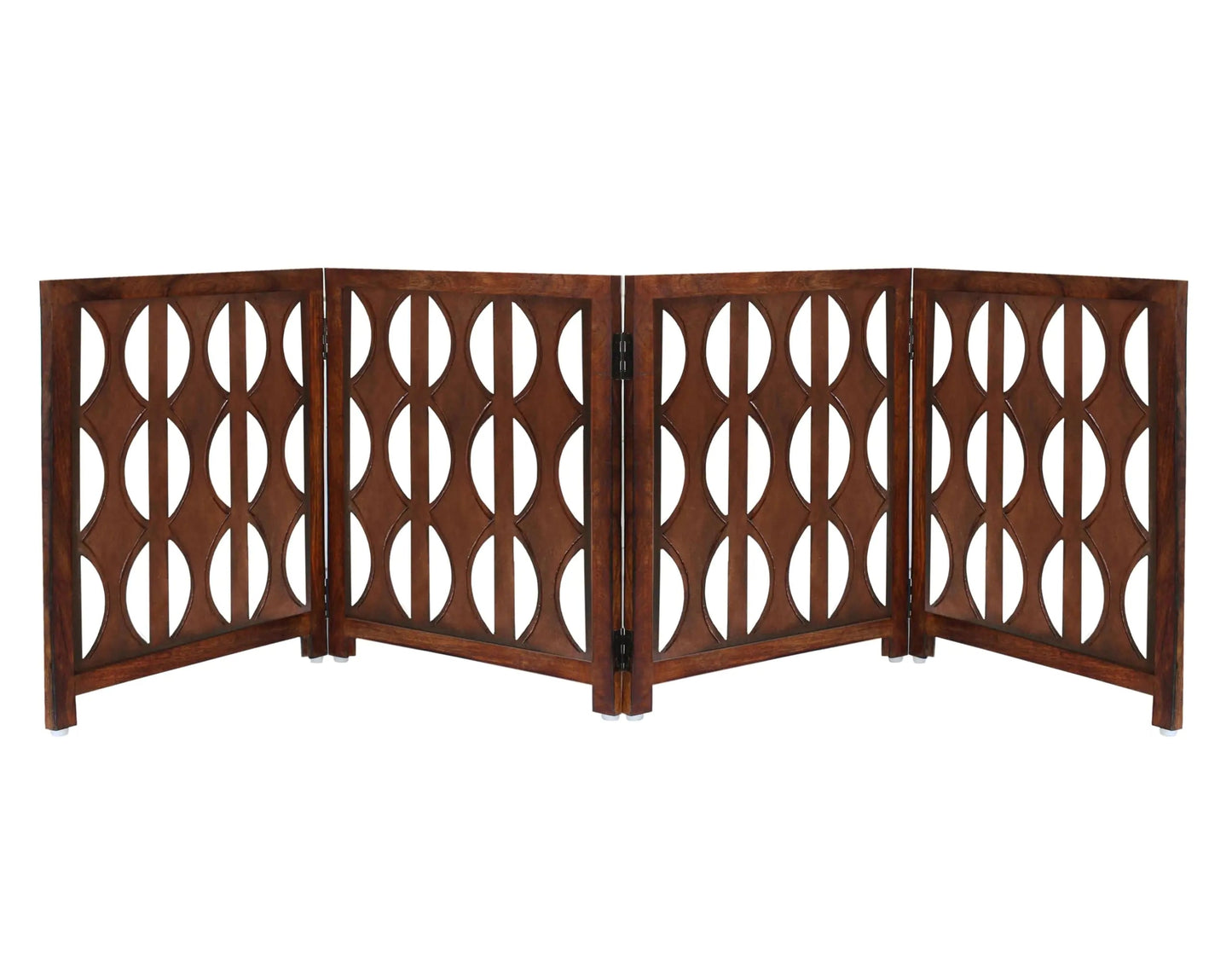 Wooden Foldable Pet Dog Safety Gate - 4 Panel Arc 20 W x 24 H- Hand Carved Solid Wood - Kia Day Design